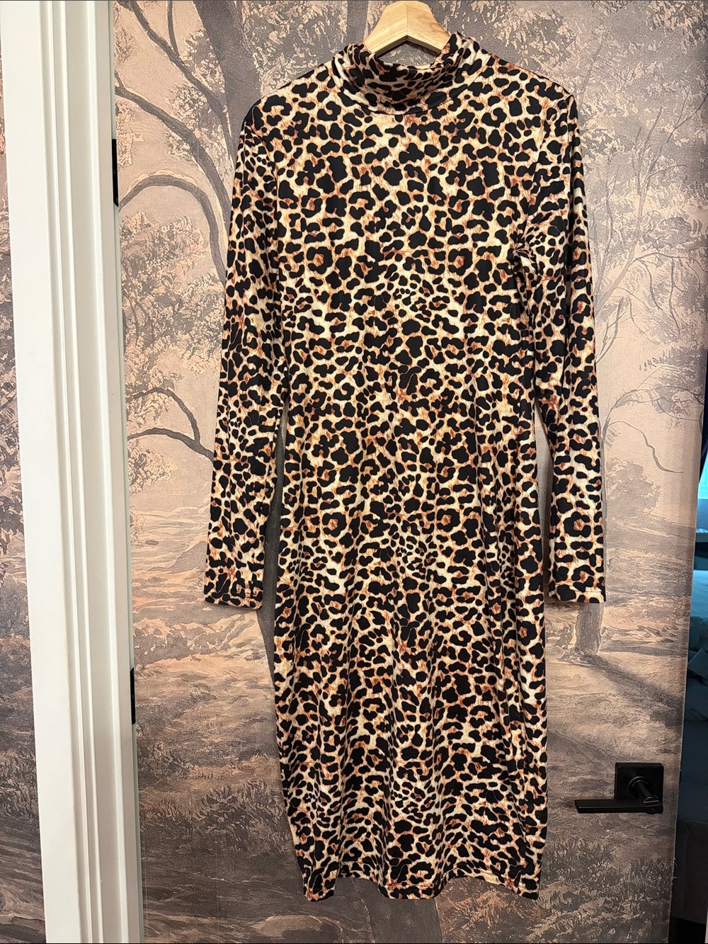 Vintage Italian Leopard Print Long Sleeve Turtleneck Dress - Brown